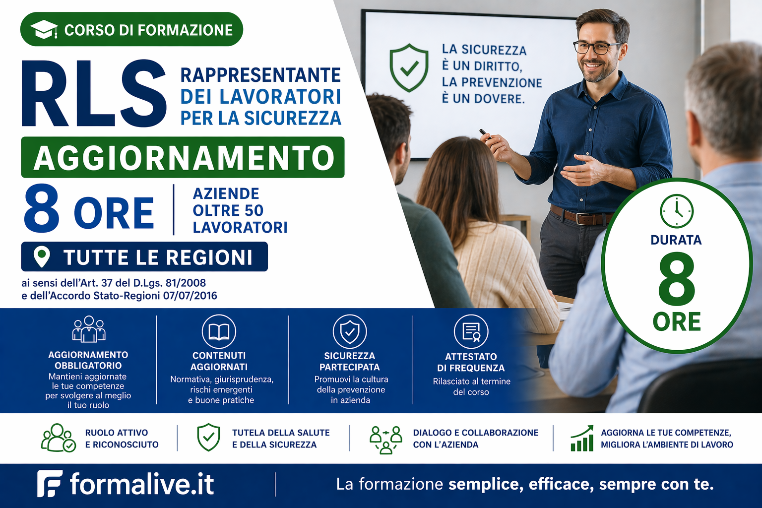 Corso RLS Rappresentante dei lavoratori per la sicurezza – Aggiornamento 8 ore (Aziende oltre 50 lavoratori) FAD – Tutte le regioni