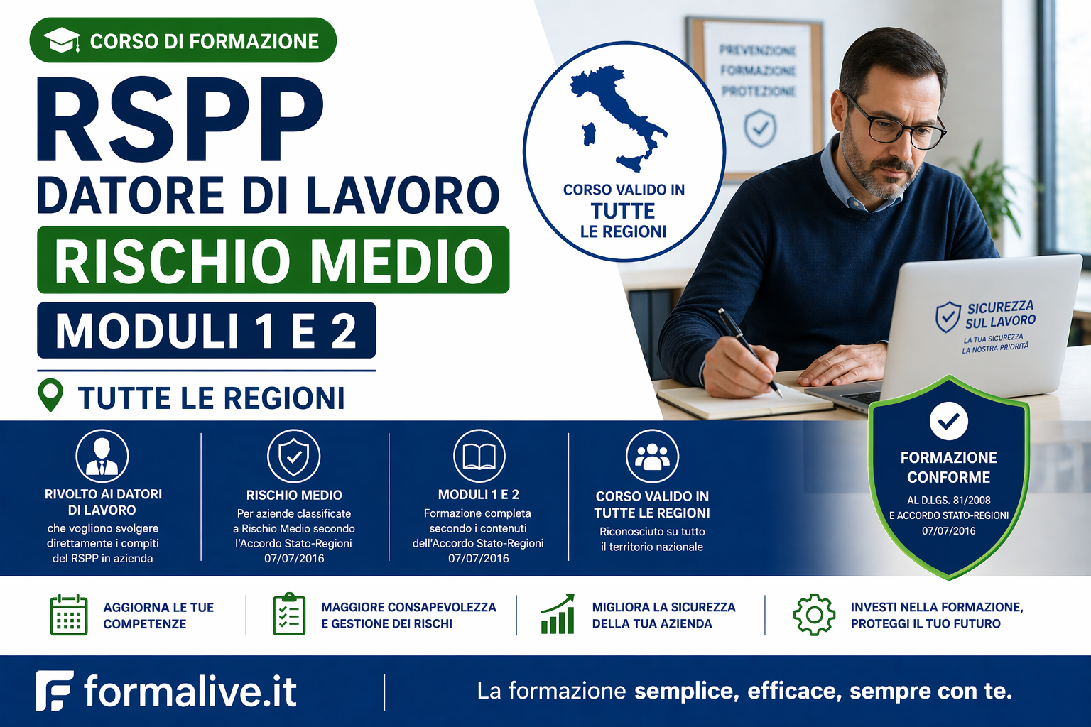 Corso RSPP Datore di Lavoro Rischio Medio – Moduli 1 e 2 – Tutte le regioni