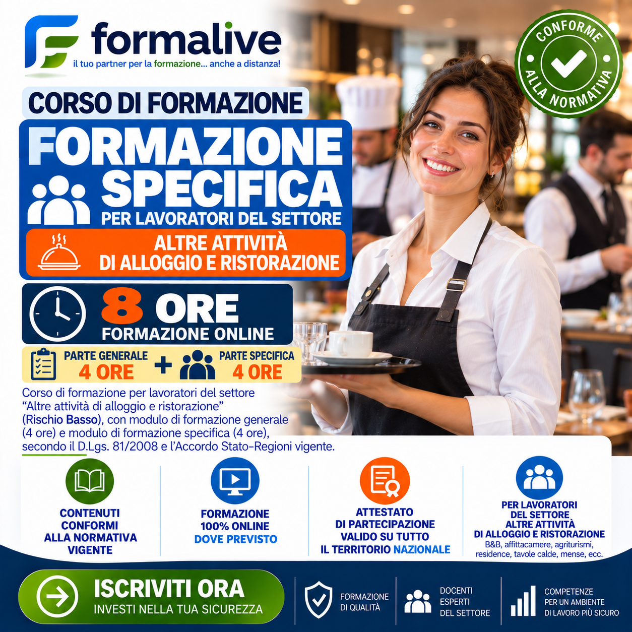 Corso Formazione Rischio Basso Generale dei lavoratori + Formazione Specifica per Lavoratori Altre Attività di Alloggio e Ristorazione – FAD – Tutte le regioni