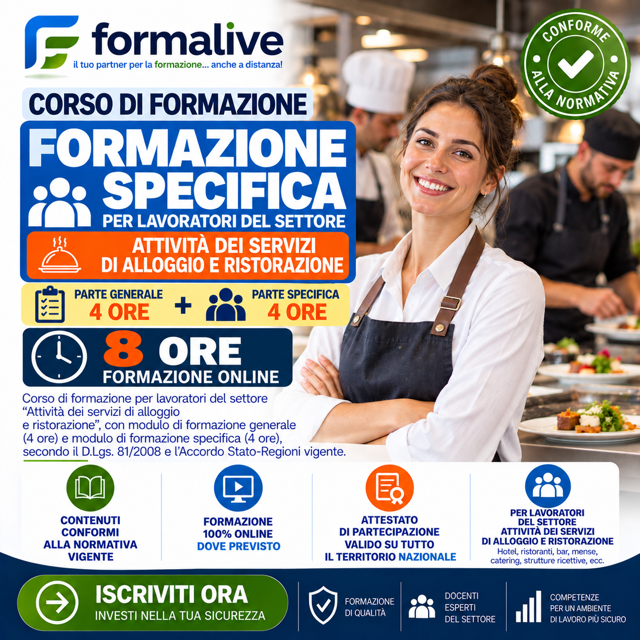 Corso Formazione Rischio Basso Generale dei lavoratori + Formazione Specifica per Lavoratori Attività dei Servizi di Alloggio e Ristorazione – FAD – Tutte le regioni