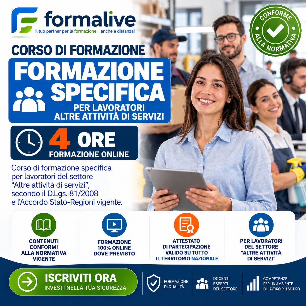 Corso Formazione Specifica Rischio Basso per Lavoratori Altre Attività di Servizi – FAD – Tutte le regioni