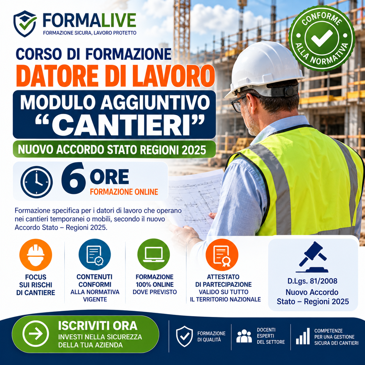 Corso di Formazione Datore di lavoro Modulo aggiuntivo “Cantieri” – Nuovo Accordo Stato Regioni 2025 FAD